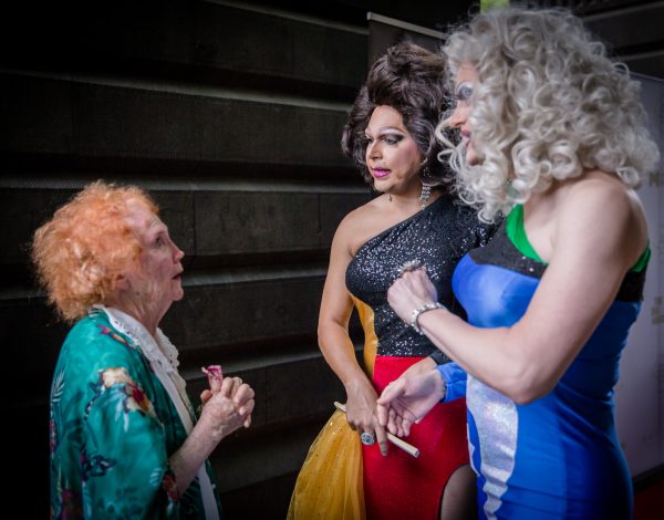 Red Carpet hosts Marzi Panne and Miss Ellaneous chat with a guest. Image by Bryony Jackson.